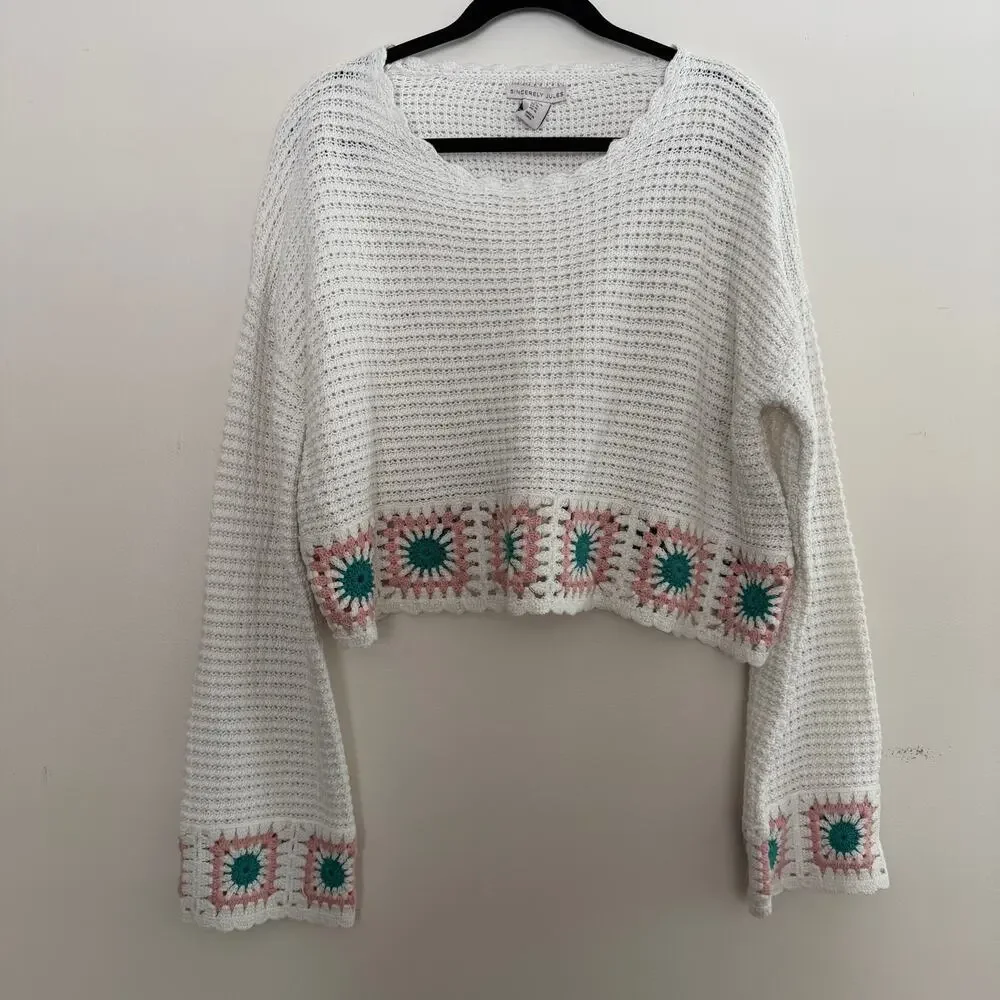 Sincerely Jules Crochet Loose Knit Bell Sleeve‎ Patchwork Sweater Sz XL